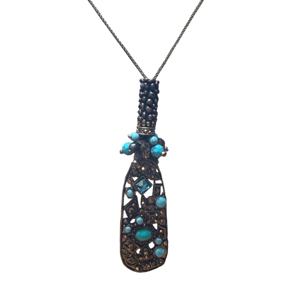 Chico's Pendant Necklace Turquoise‎ Bohemian Mosaic Statement Marcasite Accent